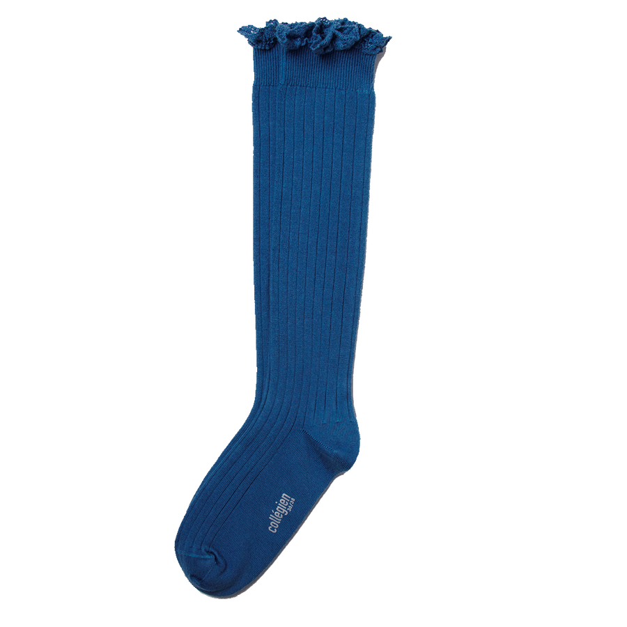 Ruffle Lace Trim Knee-High Socks - Blue Sapphire
