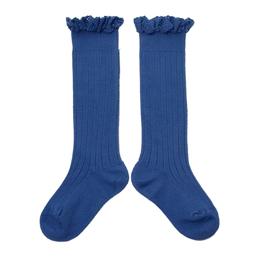 Ruffle Lace Trim Knee-High Socks - Blue Sapphire