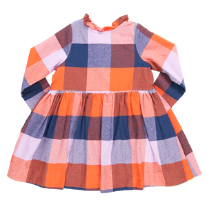 Girls Autumn Dress - Navy Orange Check