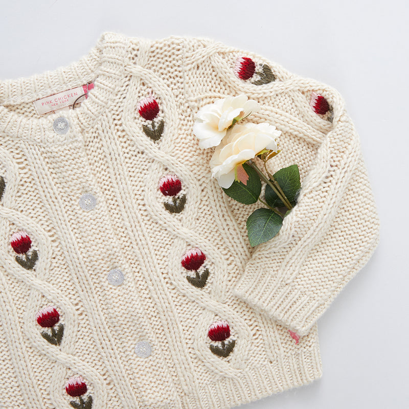 Girls Dalia Diamond Sweater - Cream Floral Embroidery