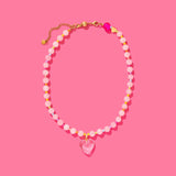 Lottie Beaded Necklace - Pink + Multi-Color w/Dangle Heart