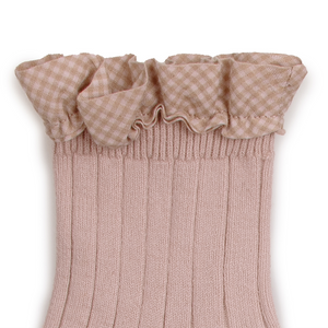 Gingham Ruffle Ribbed Ankle Sock - Old Rose