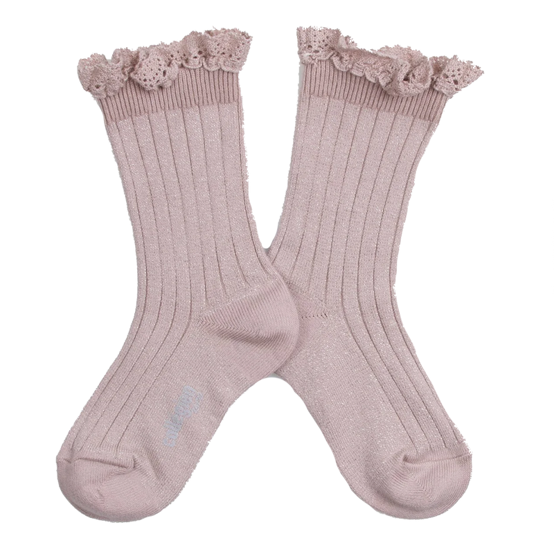 Glitter Ribbed Lace Crew Sock - Old Rose