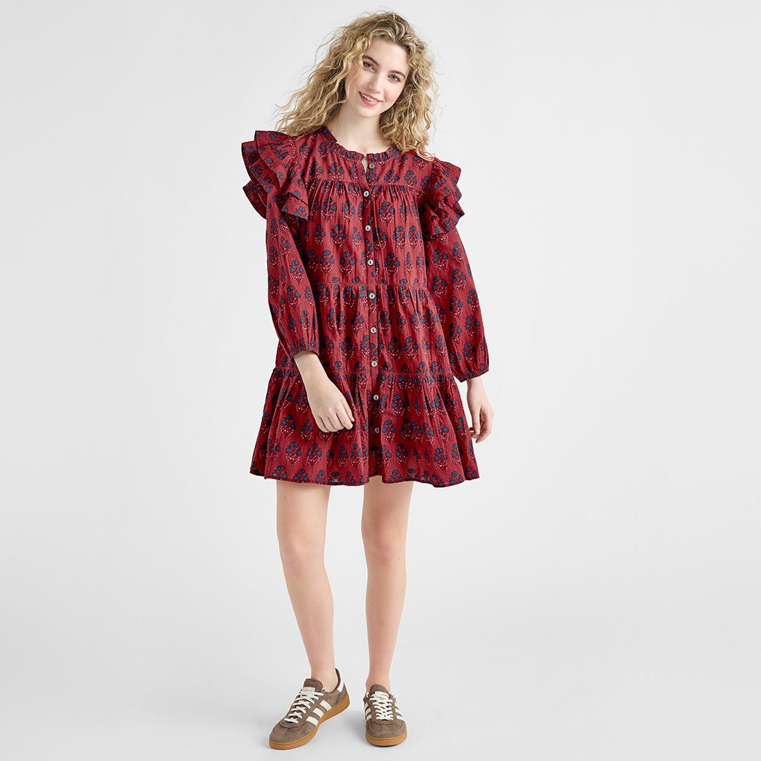 Womens Kalani Double Ruffle Dress - Red Autumn Strawflower | Pink Chicken