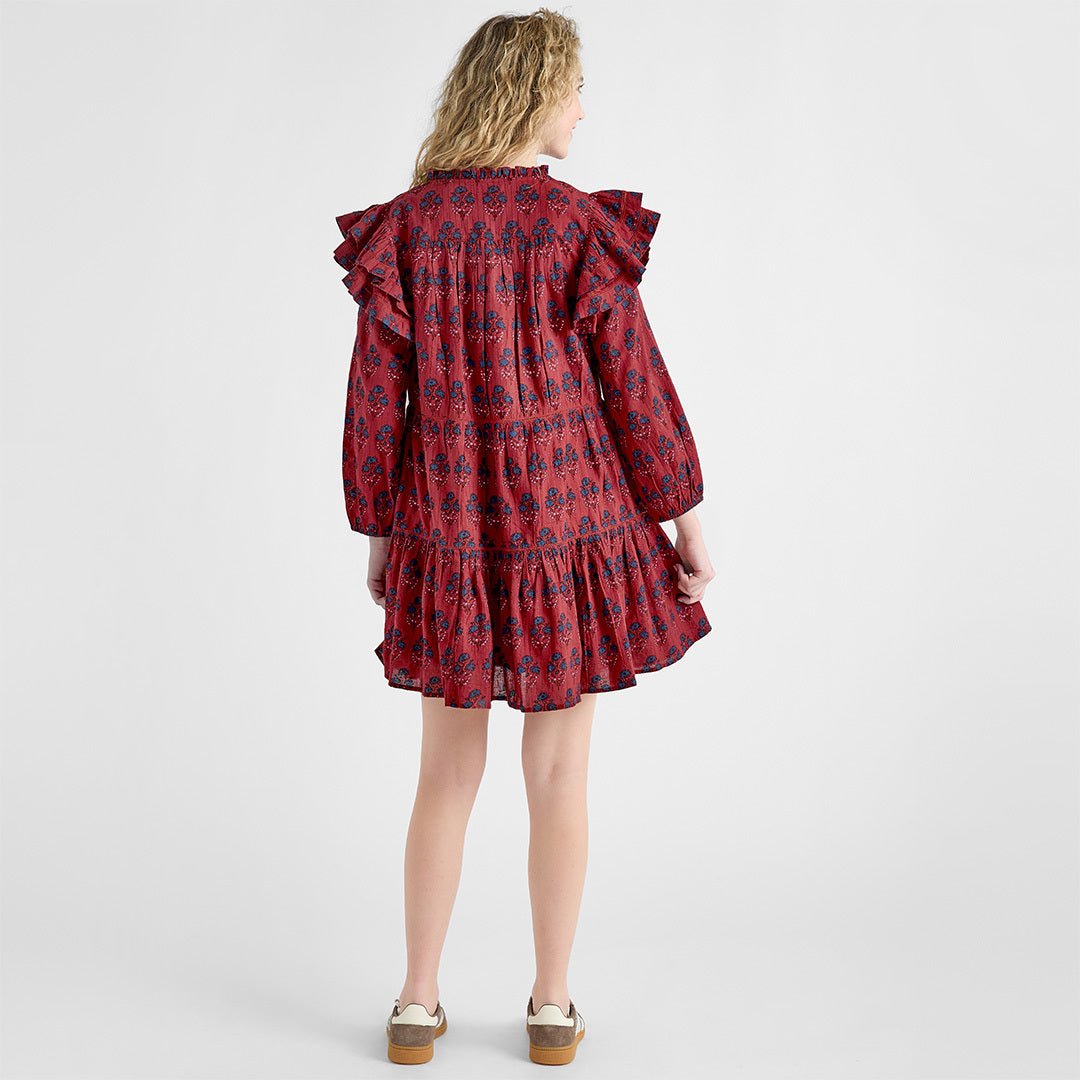 Womens Kalani Double Ruffle Dress - Red Autumn Strawflower | Pink Chicken