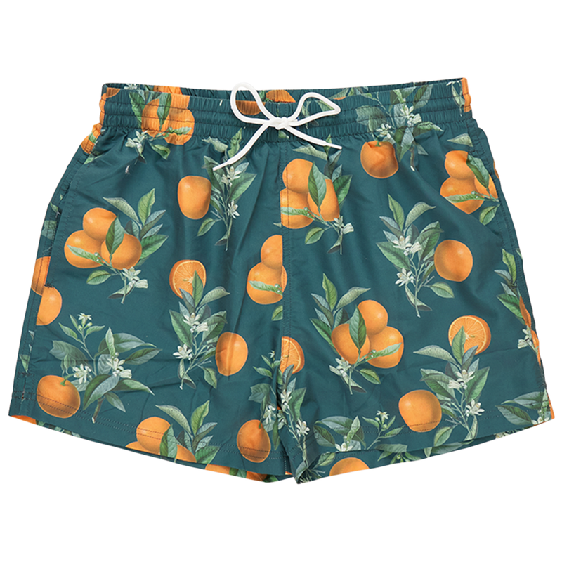 Mens Swim Trunk - Green Botanical Oranges