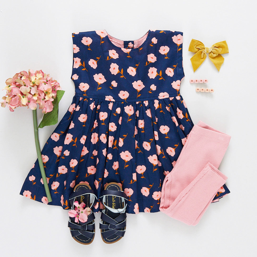 Girls Adaline Dress - Navy Flower Toss – Pink Chicken