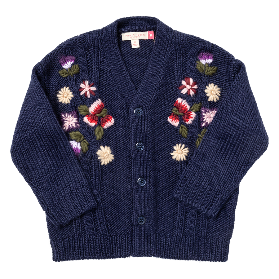 Girls Grandpa Sweater - Navy Floral Embroidery
