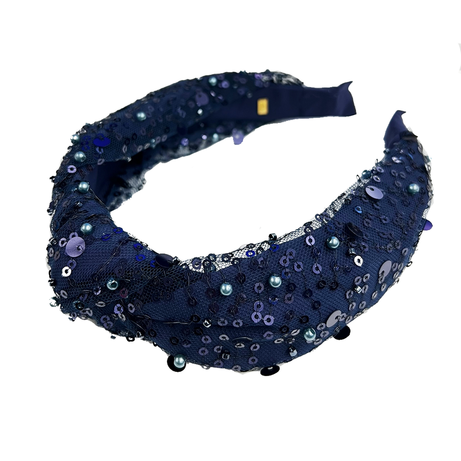 Crystallized Pearl Sequined Navy Knot Headband