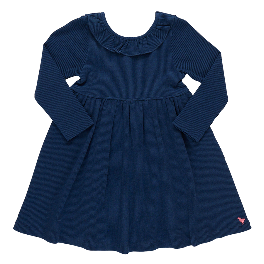 Girls Organic Princess Diana Rib Dress - Navy