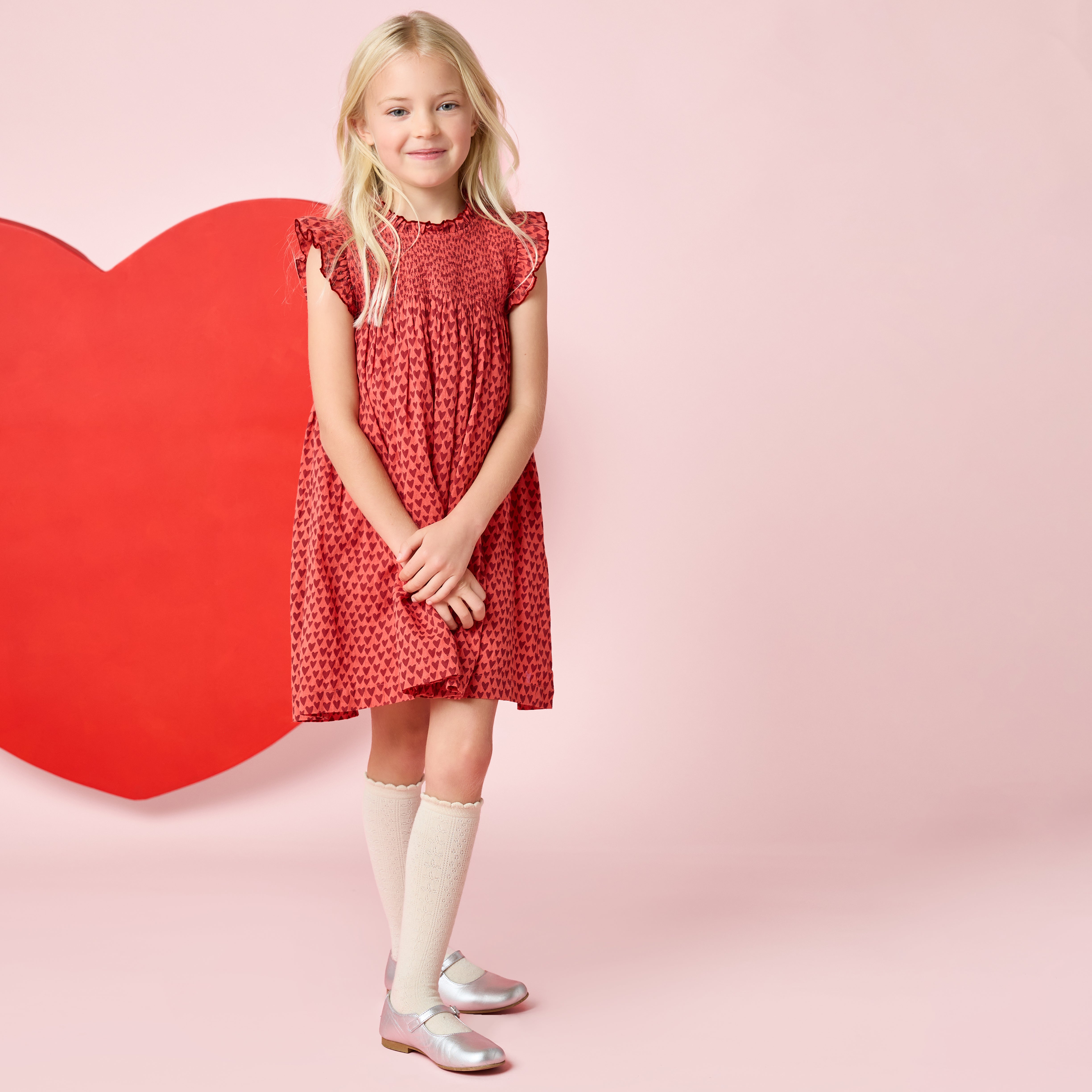 Girls Stevie Dress - Red Mini Hearts Pink Chicken Girls Stevie Dress - Red Mini Hearts Pink Chicken