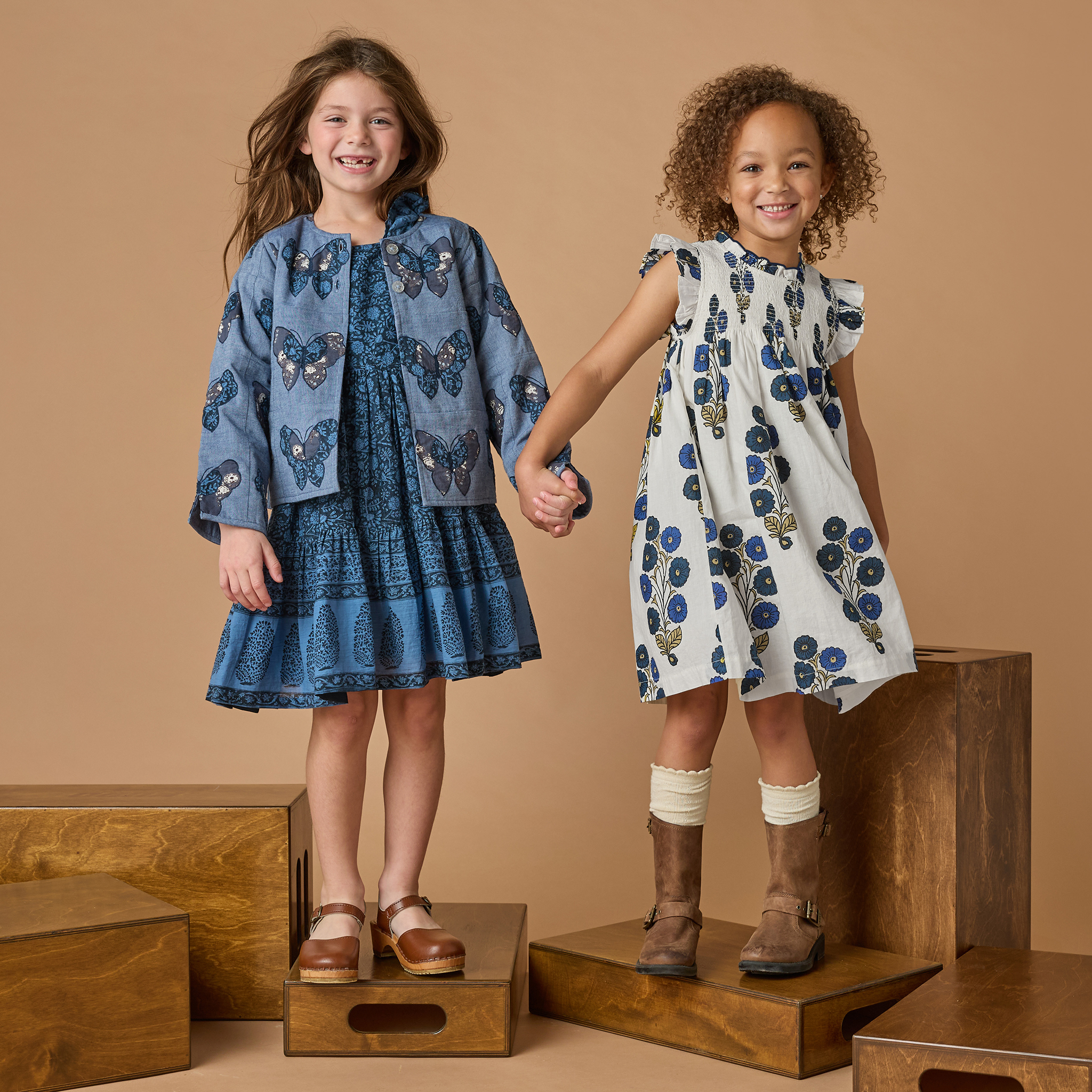 Girls Elsie Dress - Stellar Blue Garden Floral Pink Chicken Girls Elsie Dress - Stellar Blue Garden Floral Pink Chicken