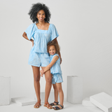 Girls Millie Ruffle Short - Blue Dewdrop Block Print