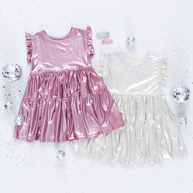 Girls Lame Polly Dress - Champagne