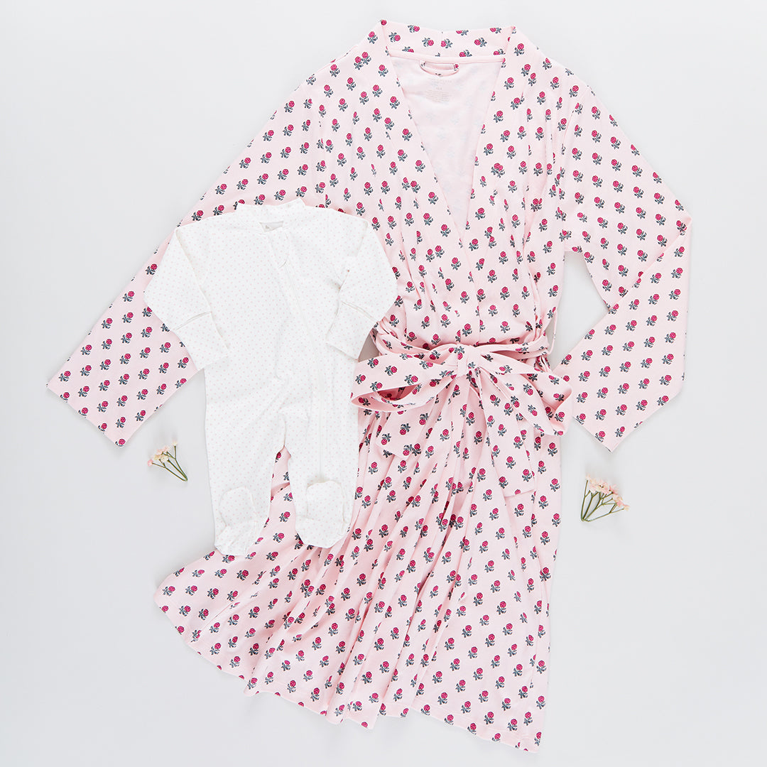 Womens Organic Robe - Pink Tiny Flower Block Print – Pink Chicken