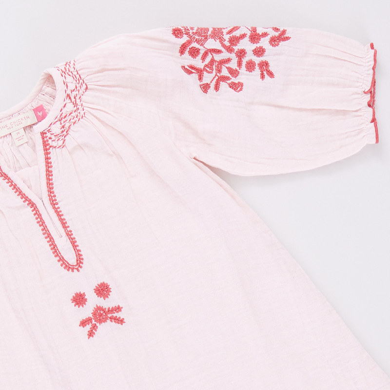 Girls Ava Dress - Strawberry Cream Embroidery