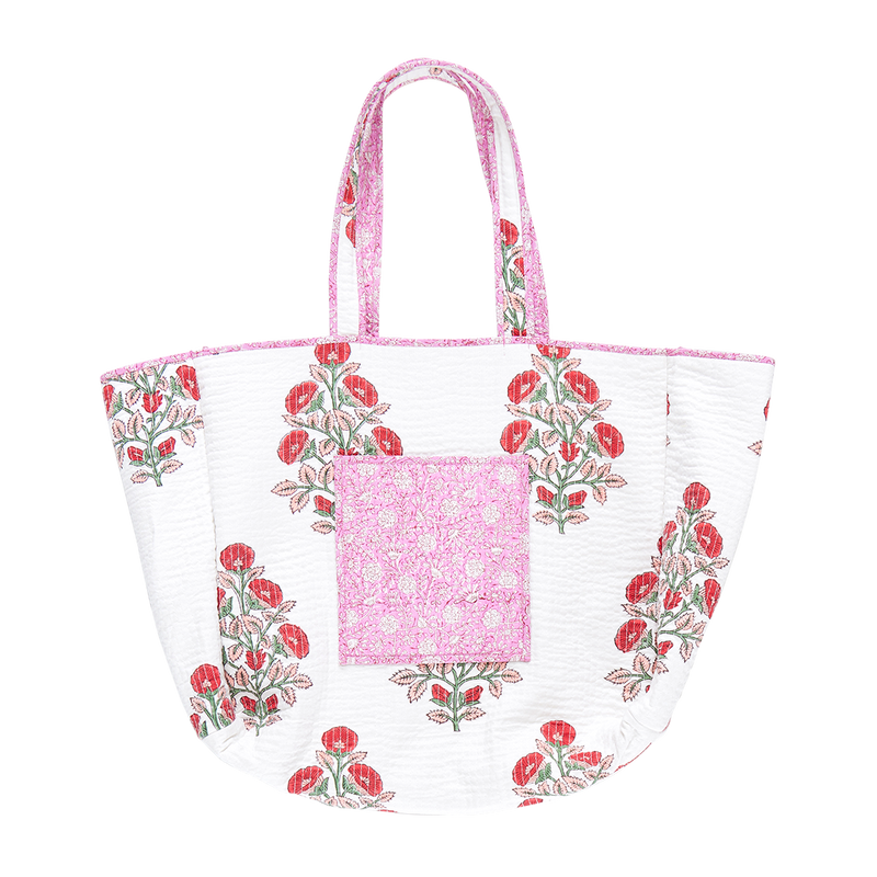 Large Reversible Quilted Tote - Pink Garden