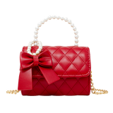 Quilted Leather Pearl Handle Bag With Bow - Red