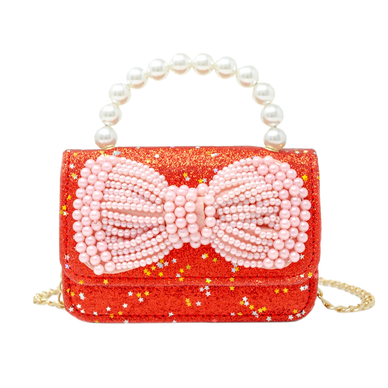 Glitter Pearl Handle Bow Bag - Red