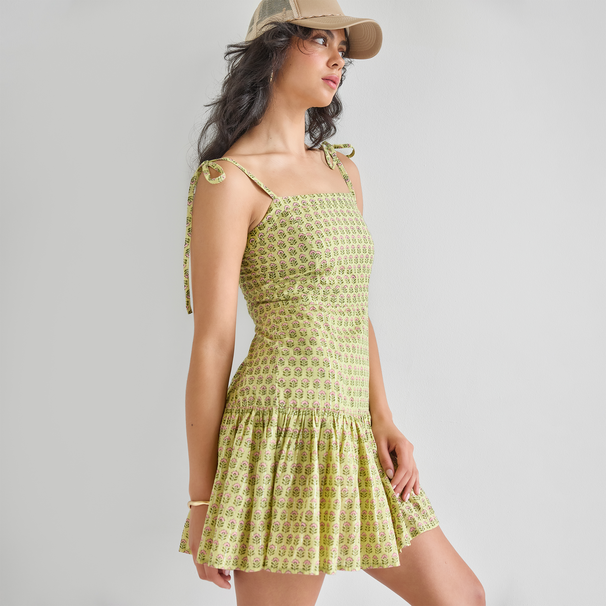 Womens Short Marilyn Dress - Green Prairie Block Print Pink Chicken Womens Short Marilyn Dress - Green Prairie Block Print Pink Chicken