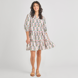 Womens Short Indira Dress - Pink Dewdrop Block Print