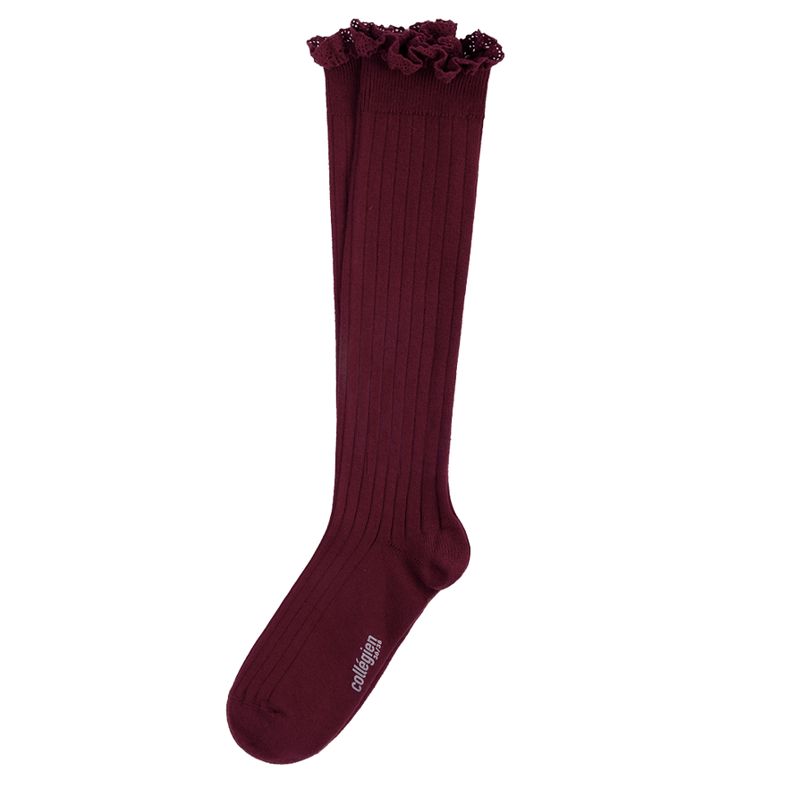 Ruffle Lace Trim Knee-High Socks - Wine