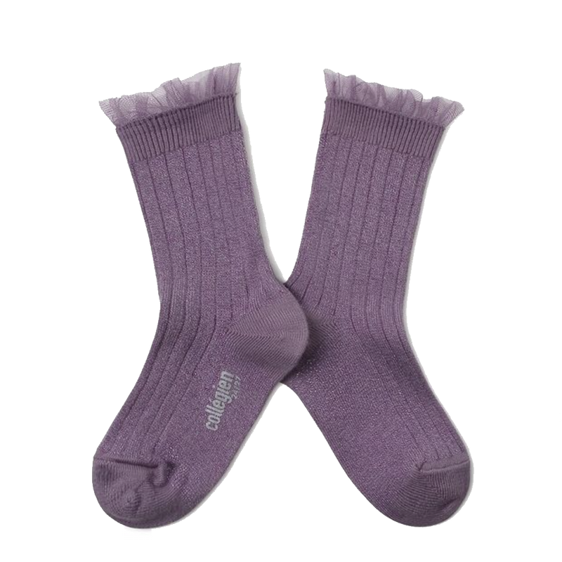 Tulle Trim Glitter Crew Socks - Wisteria Purple