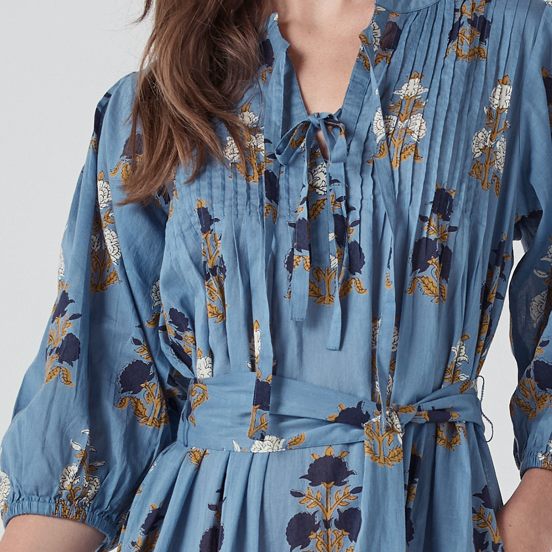 Womens Pintuck Indira Dress - Blue Flowerette – Pink Chicken