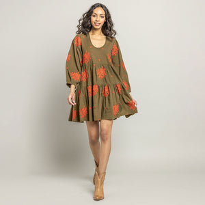 Womens Michelle Dress - Dark Olive W/ Embroidery