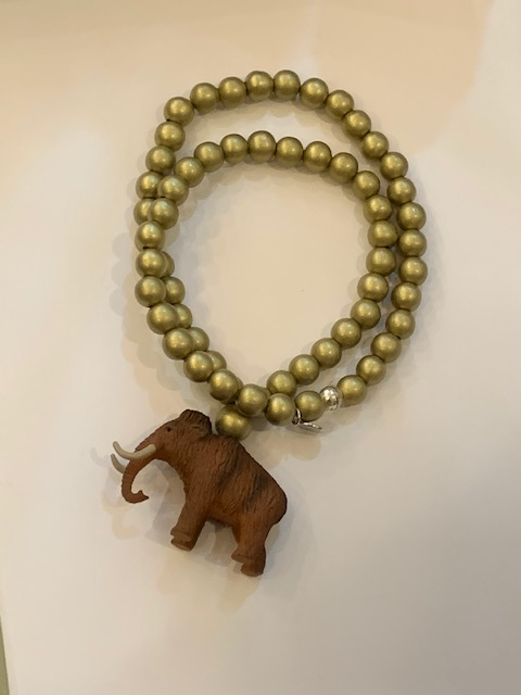 Pink Chicken Wooly Mammoth on gold bead necklace 