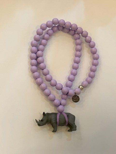 Pink Chicken Rhino on lavender bead necklace 