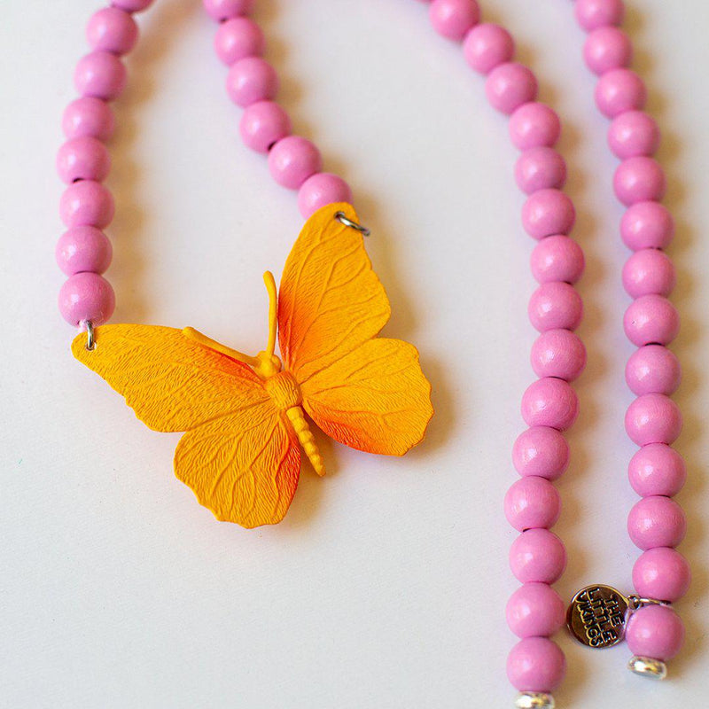 Pink Chicken Orange Butterfly on Pink Beads Necklace 