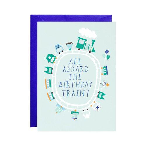 Pink Chicken Greeting Card - All Aboard the Birthday Train 