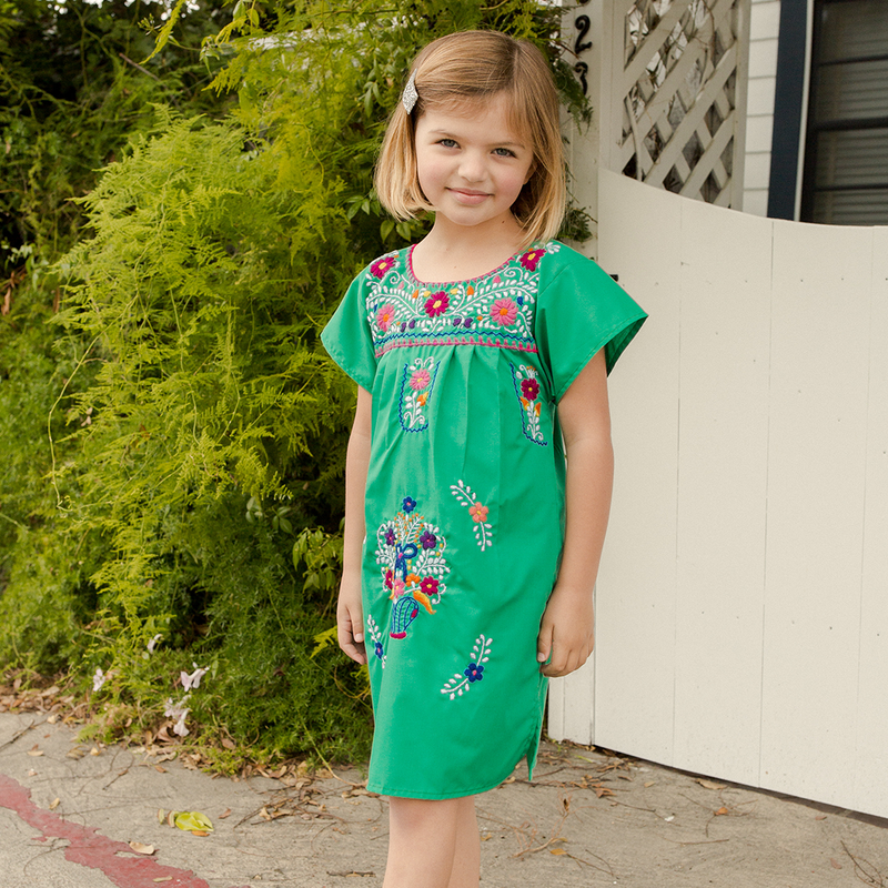 Embroidered Girls Dress - Kelly Green