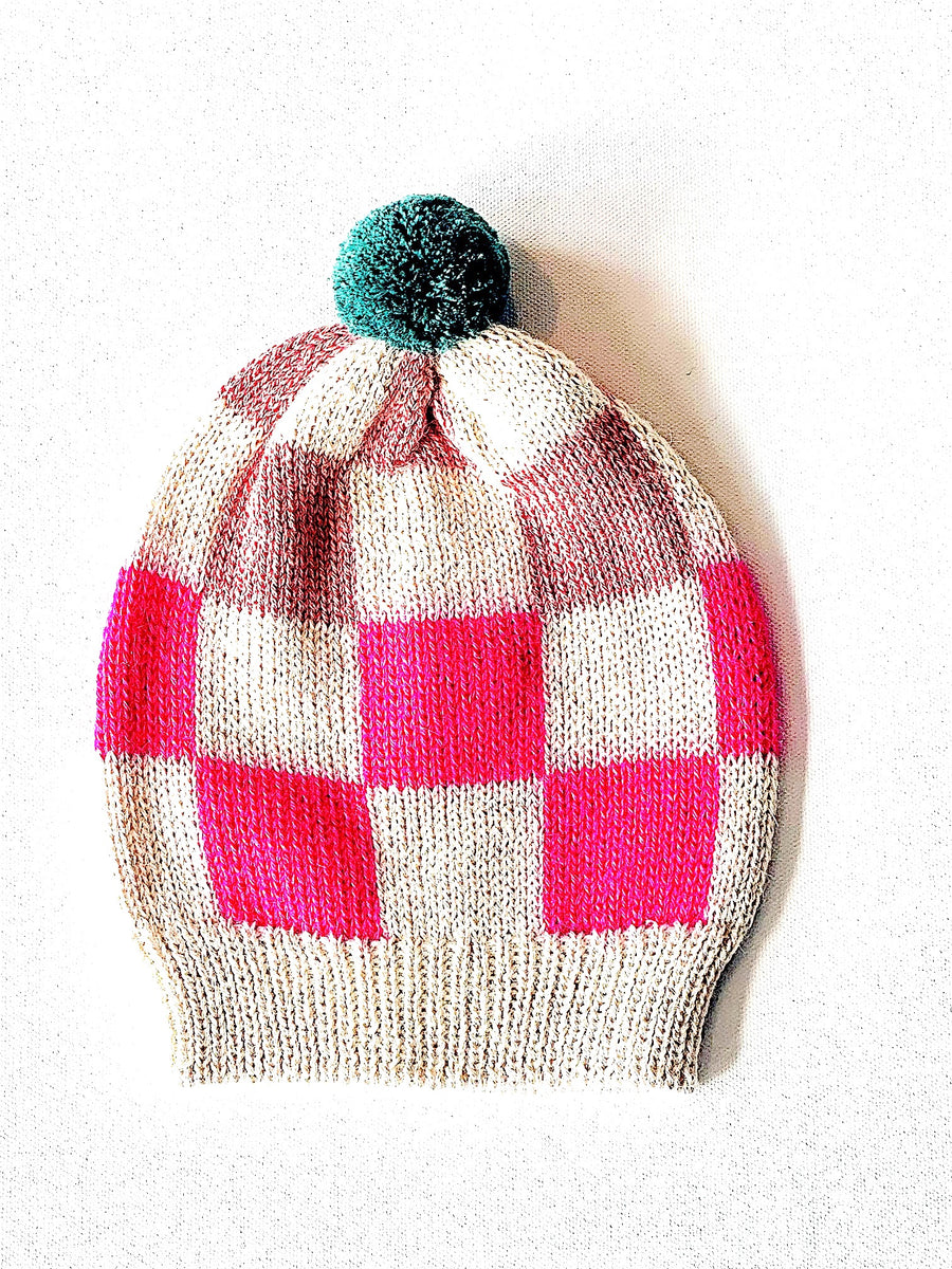 Checkered Pom Hat - Pink