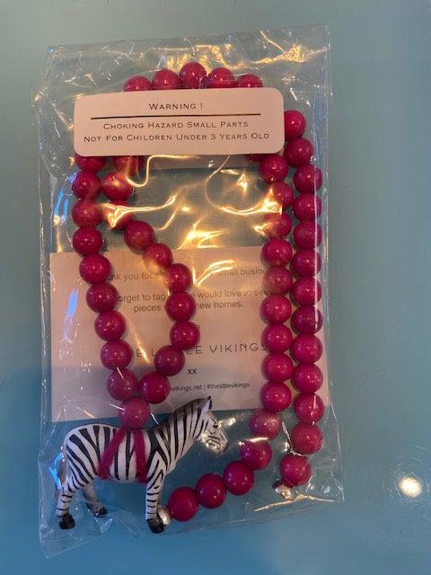 Pink Chicken Zebra on Raspberry Beads Necklace 