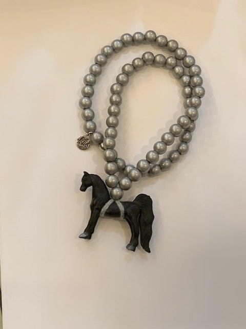 Pink Chicken Black Horse on Silver Beads Necklace 
