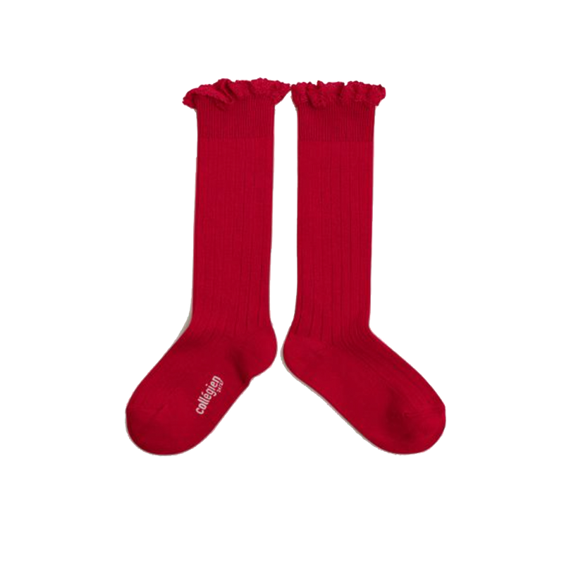 Pink Chicken Lace Trim Ribbed Knee-High Socks - Carmine Red 18/20 