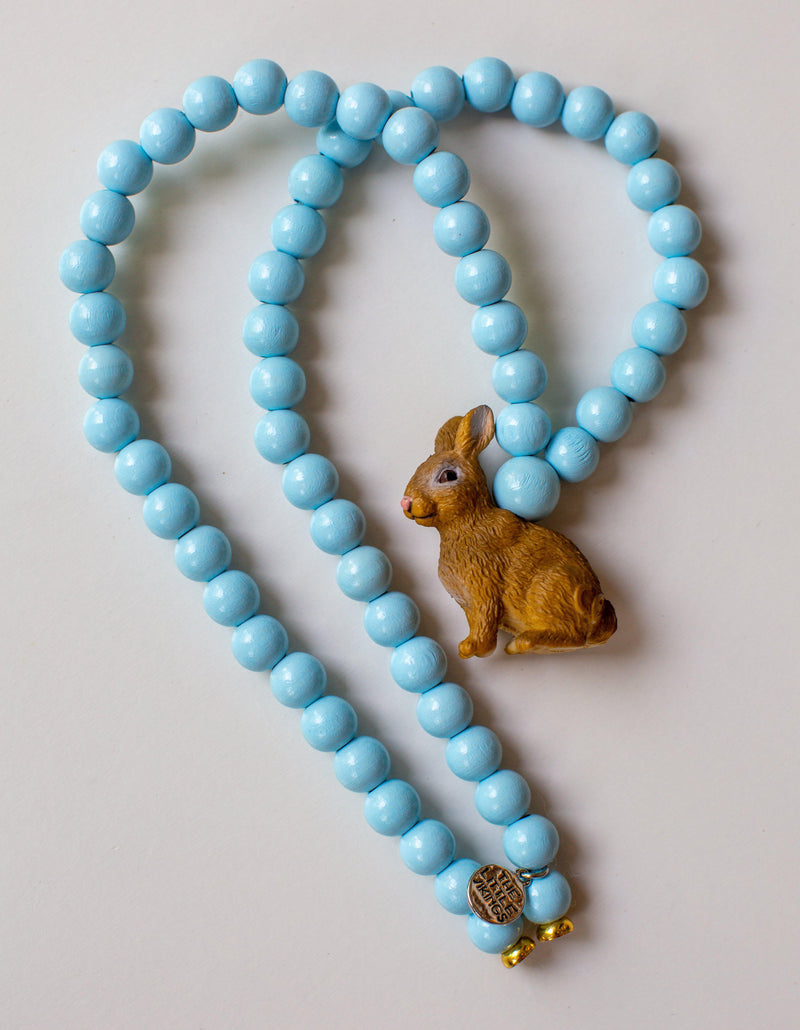 Pink Chicken Bunny on Baby Blue Beads Necklace 