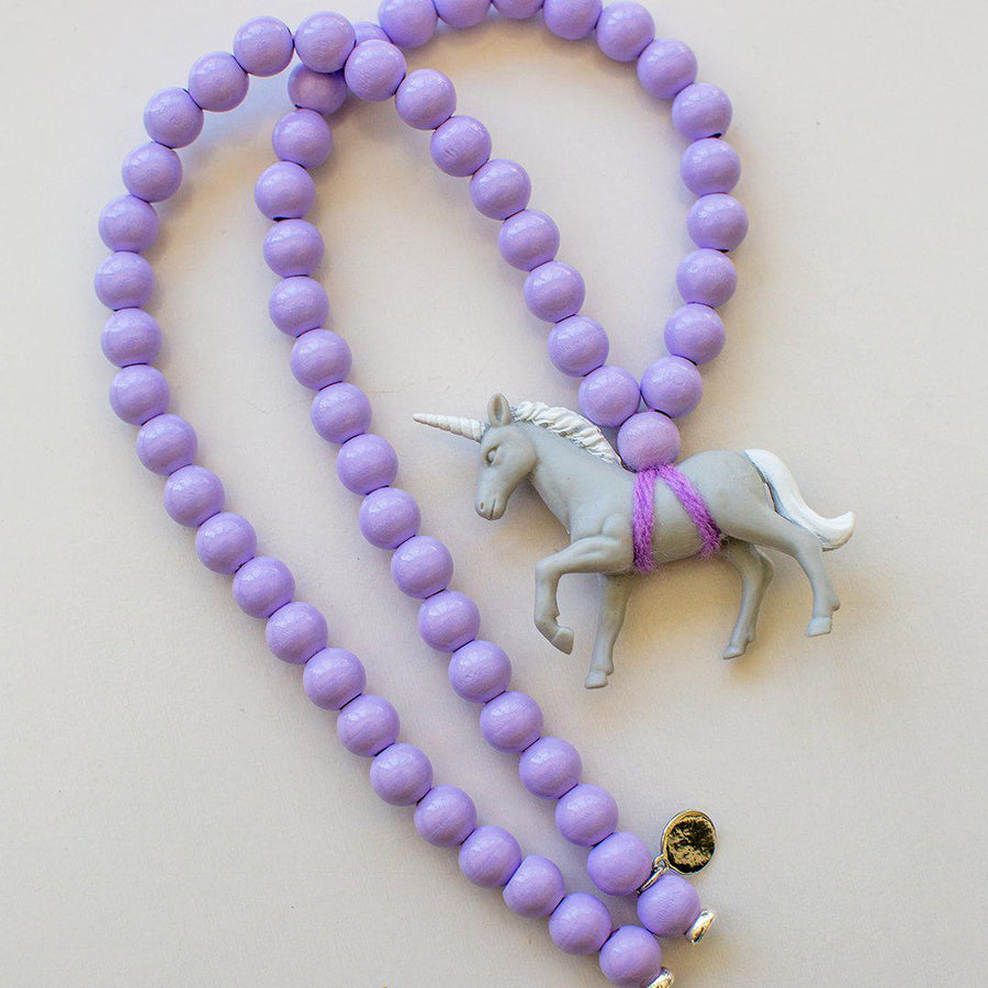 Pink Chicken Gray Unicorn on Purple Beads Necklace 