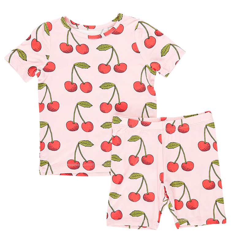 Kids Bamboo Short Sleeve PJ Set - Pink Cherries