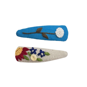 Embroidered Clip Set - Blue & Ivory