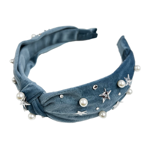Velvet Pearl Stud Headband - Blue