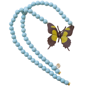 Pink Chicken Brown Butterfly on Baby Blue Beads Necklace 