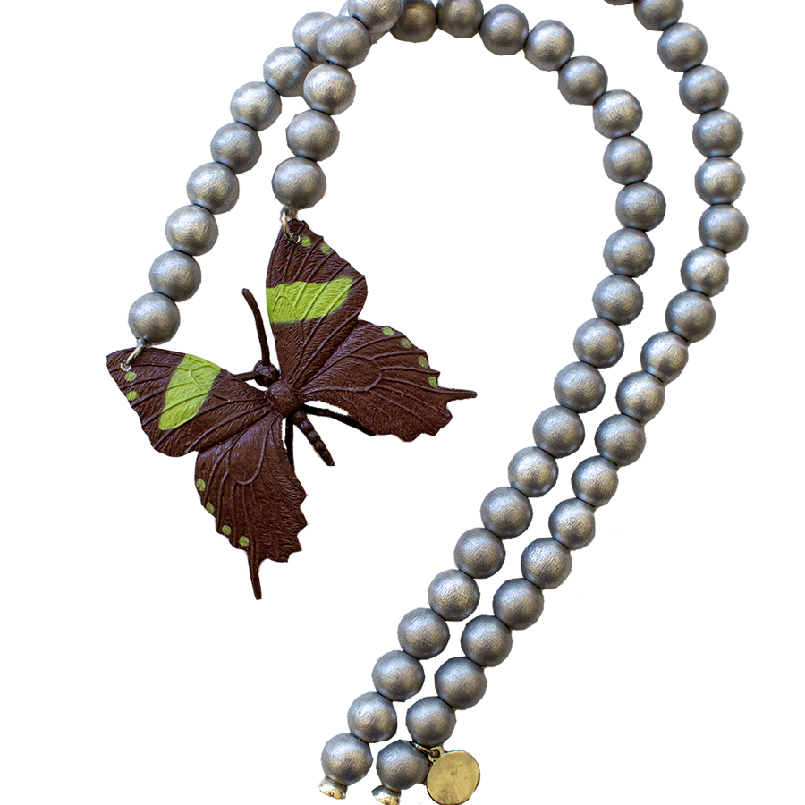 Pink Chicken Brown Butterfly on Silver Beads Necklace 
