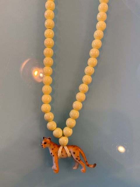 Pink Chicken Cheetah on Pastel Yellow Beads Necklace 
