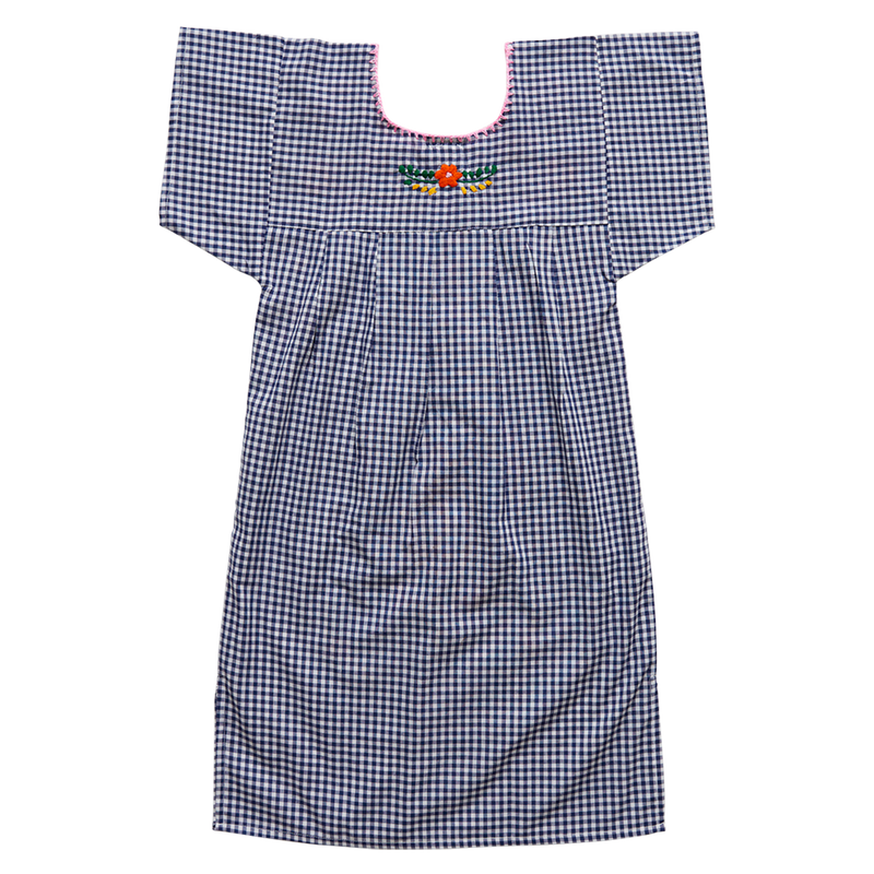 Gingham Embroidered Dress - Navy