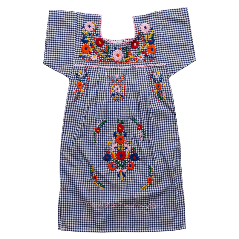 Gingham Embroidered Dress - Navy