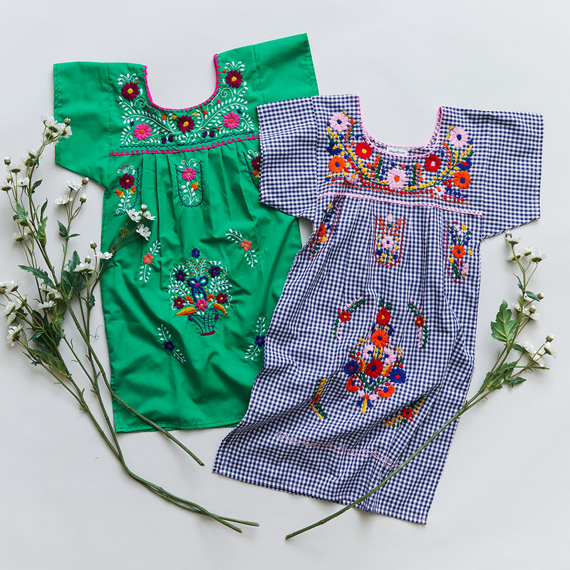 Embroidered Girls Dress - Kelly Green