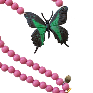 Pink Chicken Green Butterfly on Pink Beads Necklace 
